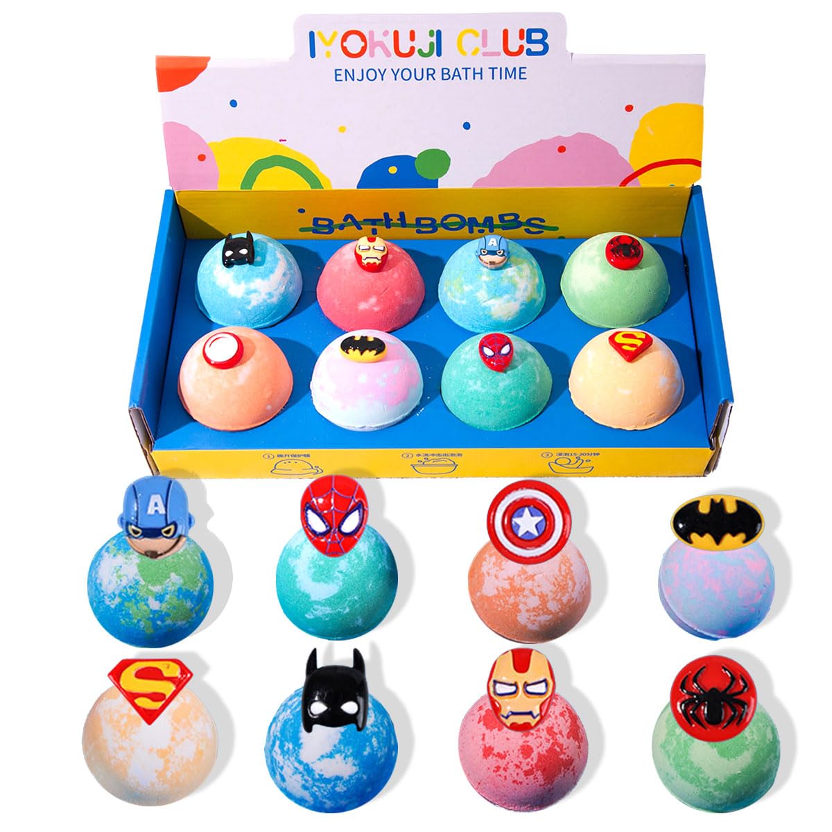 Uniface8Pcs Bath Bombs for Kids with Surprise Inside, Bath Bombs with Superman Surprise Gift Set, Organic Safe Bath Bomb Fizzes Bomb for Children Birthday