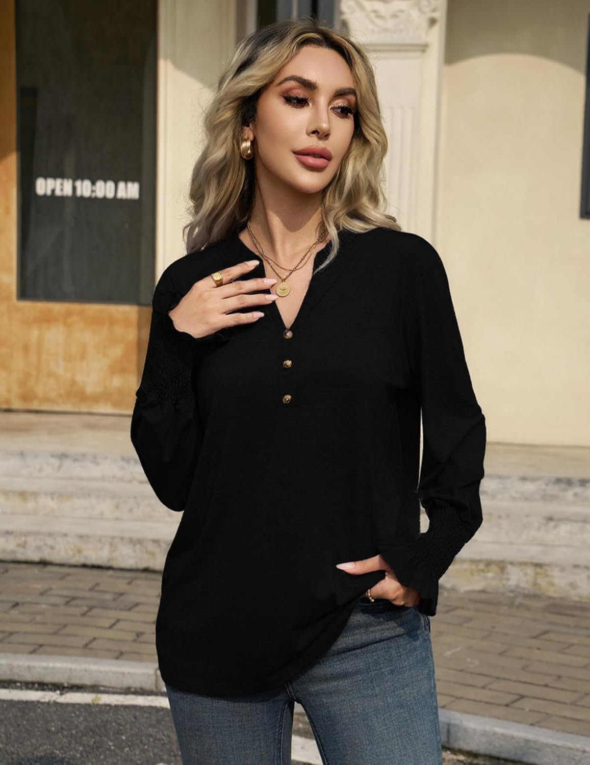 Long Sleeve Shirts for Women Business Casual Outfits Dressy Tops Fall Fashion Henley Blouses Work Outfits Clothes - Image 2