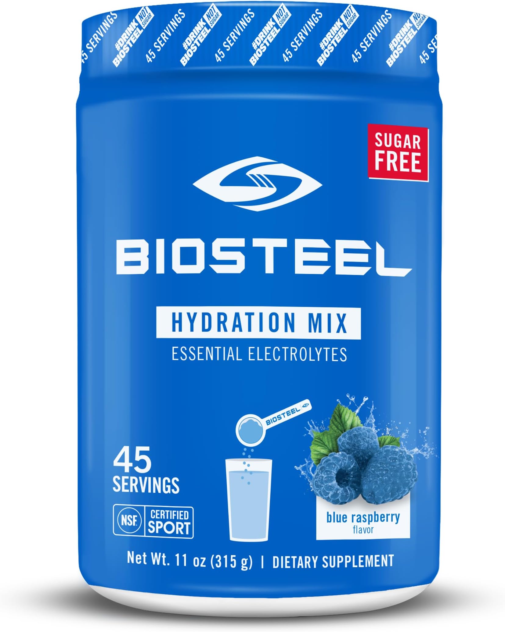 BioSteel Zero Sugar Hydration Mix, Great Tasting Hydration with 5 Essential Electrolytes, Blue Raspberry Flavor, 45 Servings per Tub