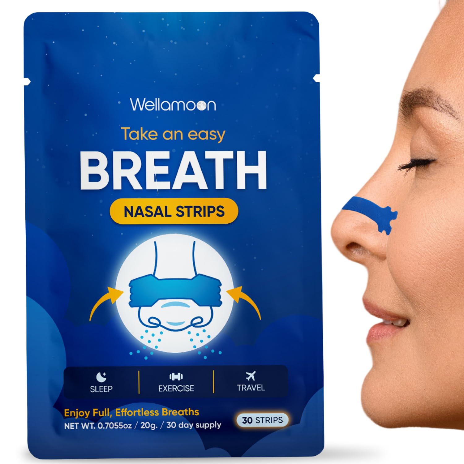 Wellamoon Nose Strips for Breathing 30 Ct - Breathe Easy Right Nasal Strips for Snoring Sleeping - Oil