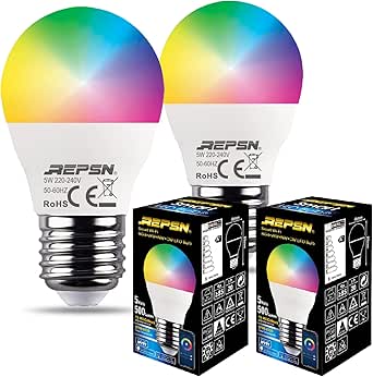 Homekit WiFi-glödlampa, Refoss Smart E27 LED-lampa, G45 5W dimbar flerfärgad, kompatibel med, Alexa, Google Assistant, 50W 2700K-6500K, 2,4 GHz