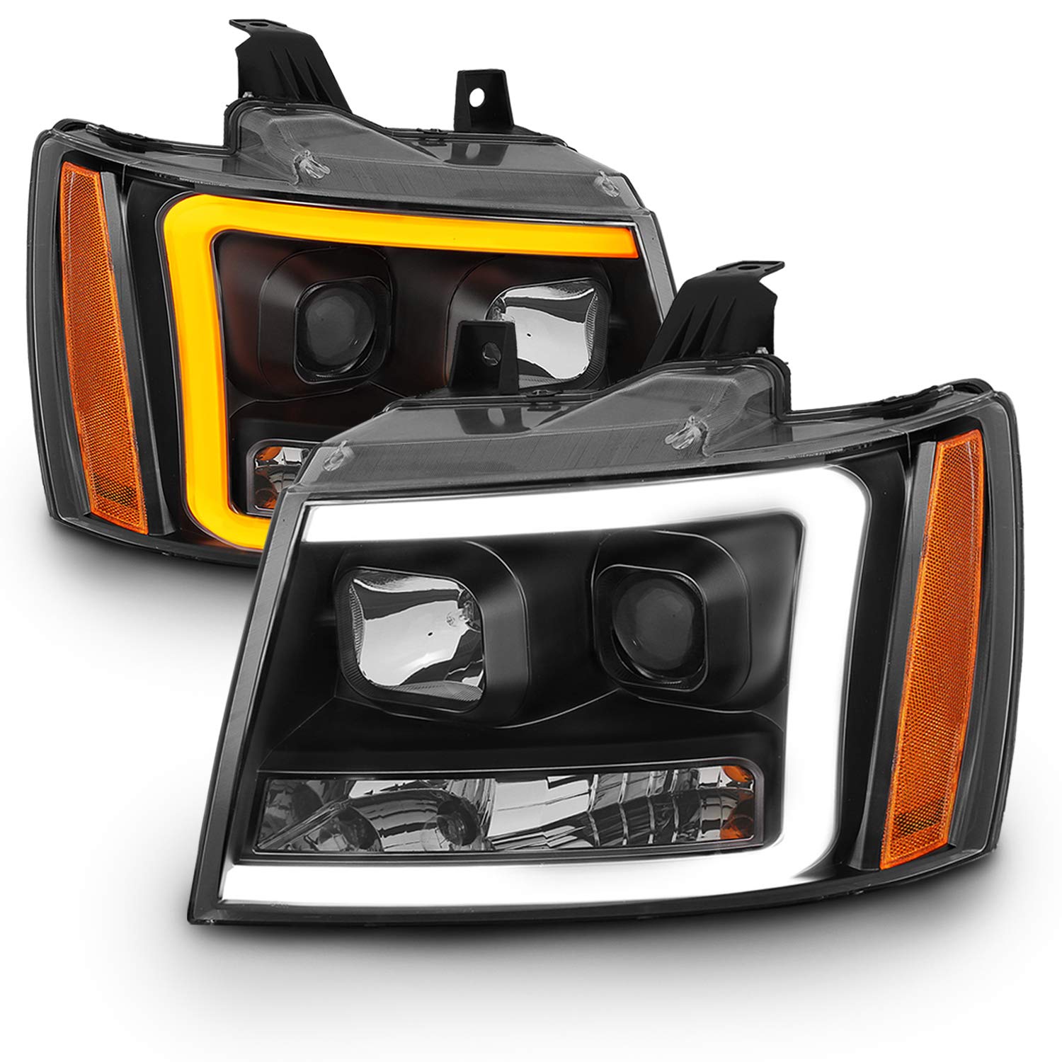 AmeriLite for 2007-2013 Chevy Avalanche/Suburban/Tahoe Switchback LED Tube Turn Siganl Projector Black Replacement Headlights Pair - Passenger and Driver Side