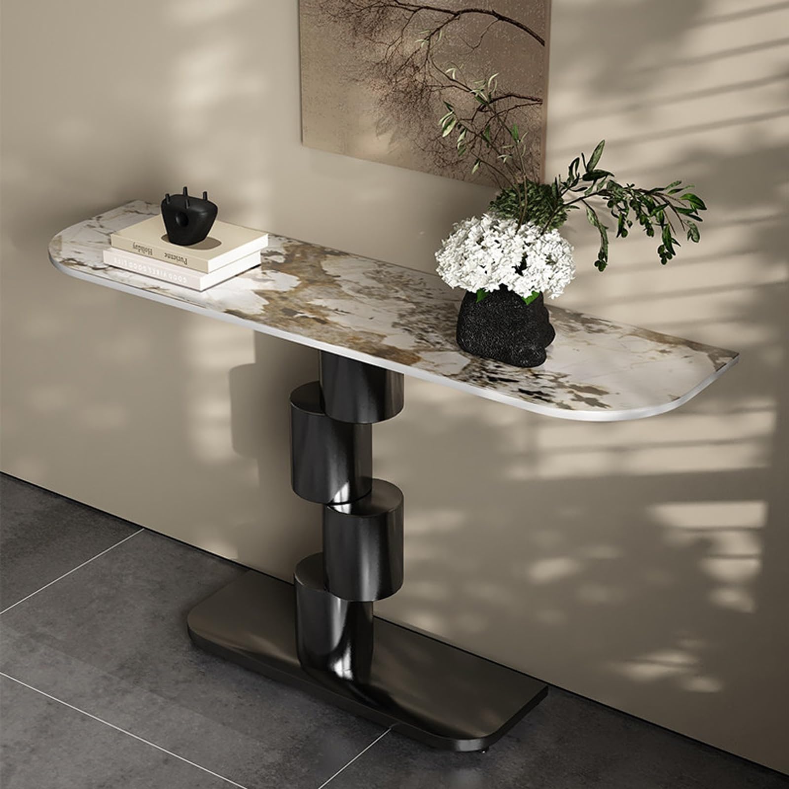 Mesa consola estrecha de piedra sinterizada negra de 80 cm para pasillo