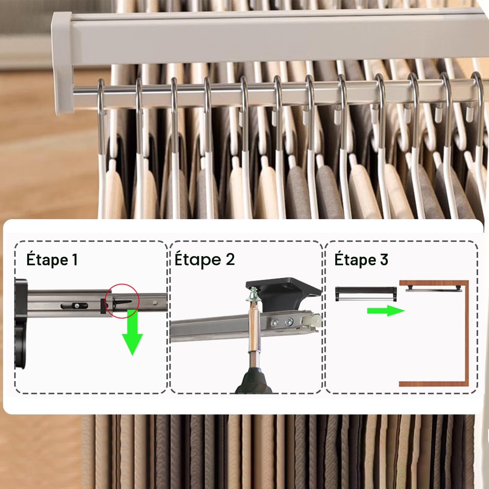 Tringle à vêtements extensible permettant de sortir les cintres, barre télescopique réglable, 347 mm, blanc