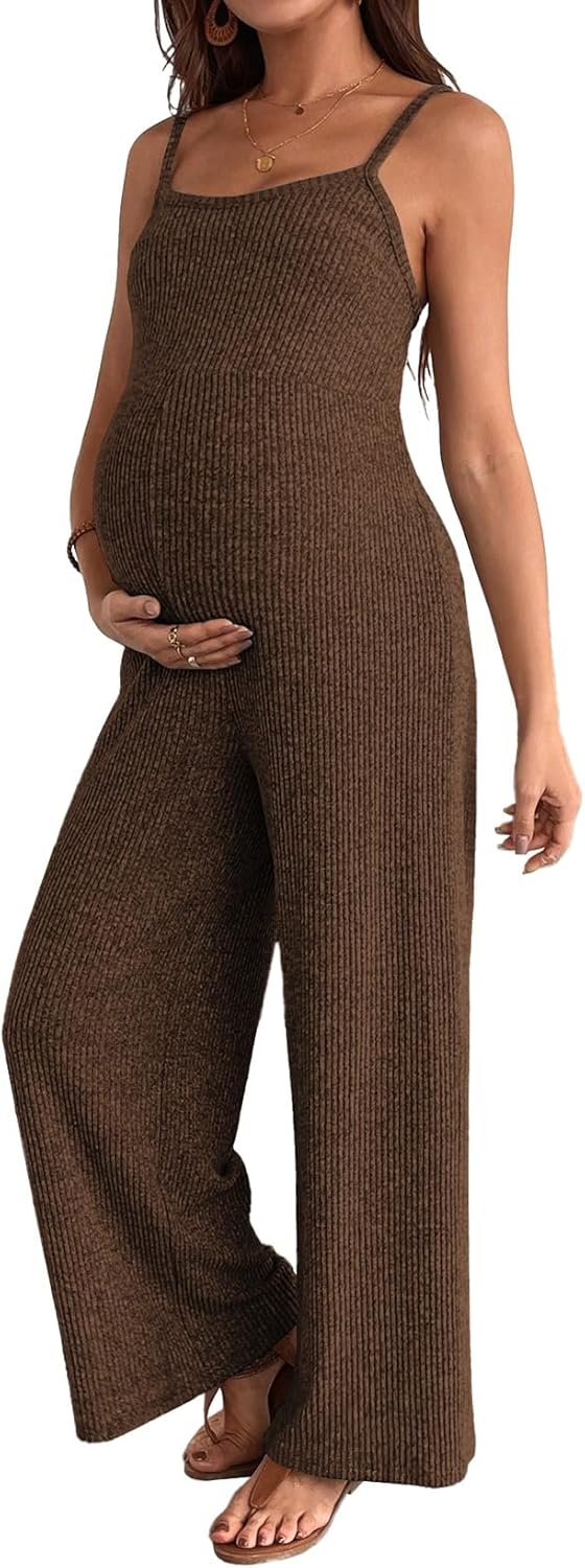 BLENCOT Maternity Ribbed Jumpsuit Sleeveless Square Neck Wide Leg Stretchy One Piece Romper