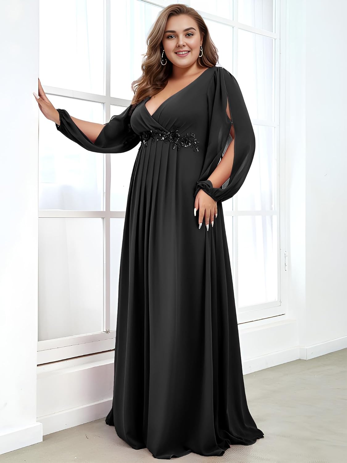 Ever-Pretty Plus Women's Formal Dress Floor Length V Neck Lantern Long Sleeves Applique Plus Size Mother of The Bride Dresses - Image 4