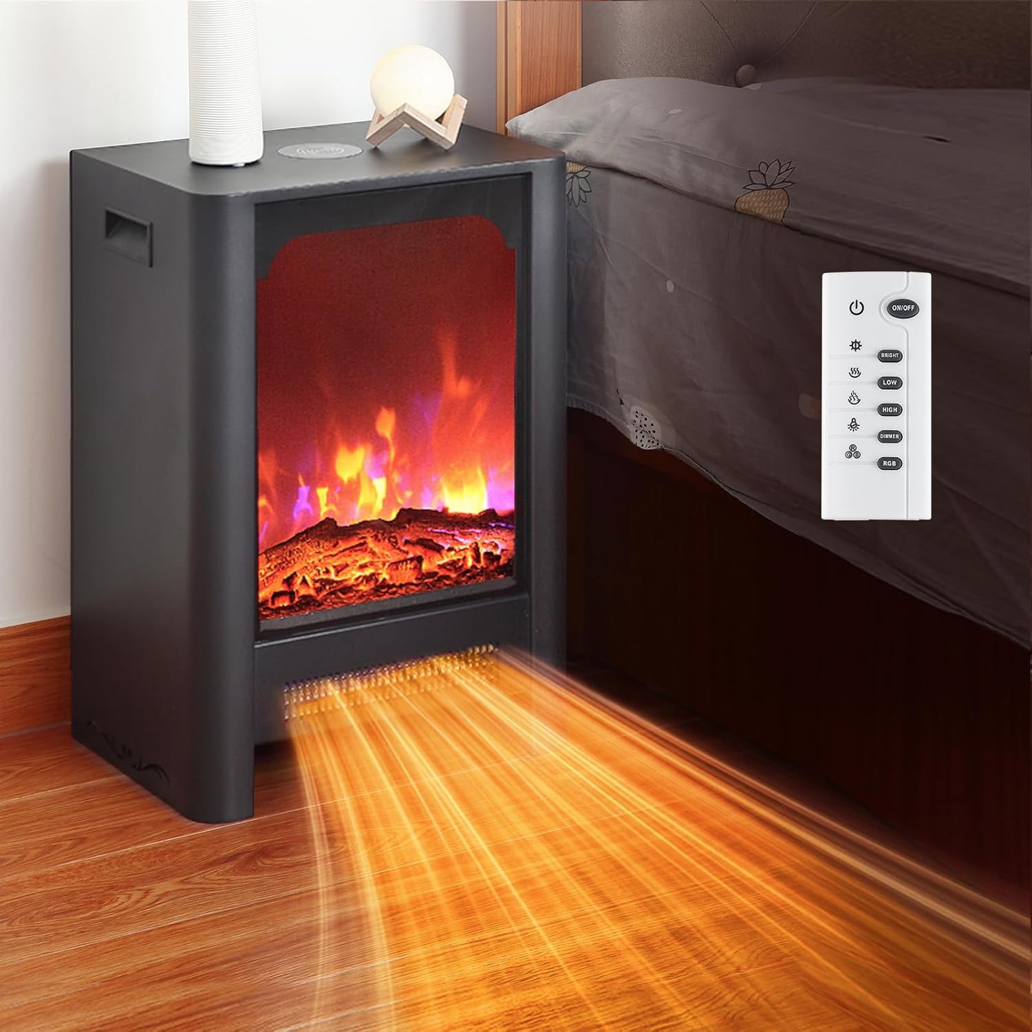 Electric Fireplace Heater,1000w/2000w-3D Realistic Flame Effects,15-inch Low Noise Electric Fire Place with 4 Brightness Levels, Remote Control & Phone Charging for Living Room, Bedroom (Black)