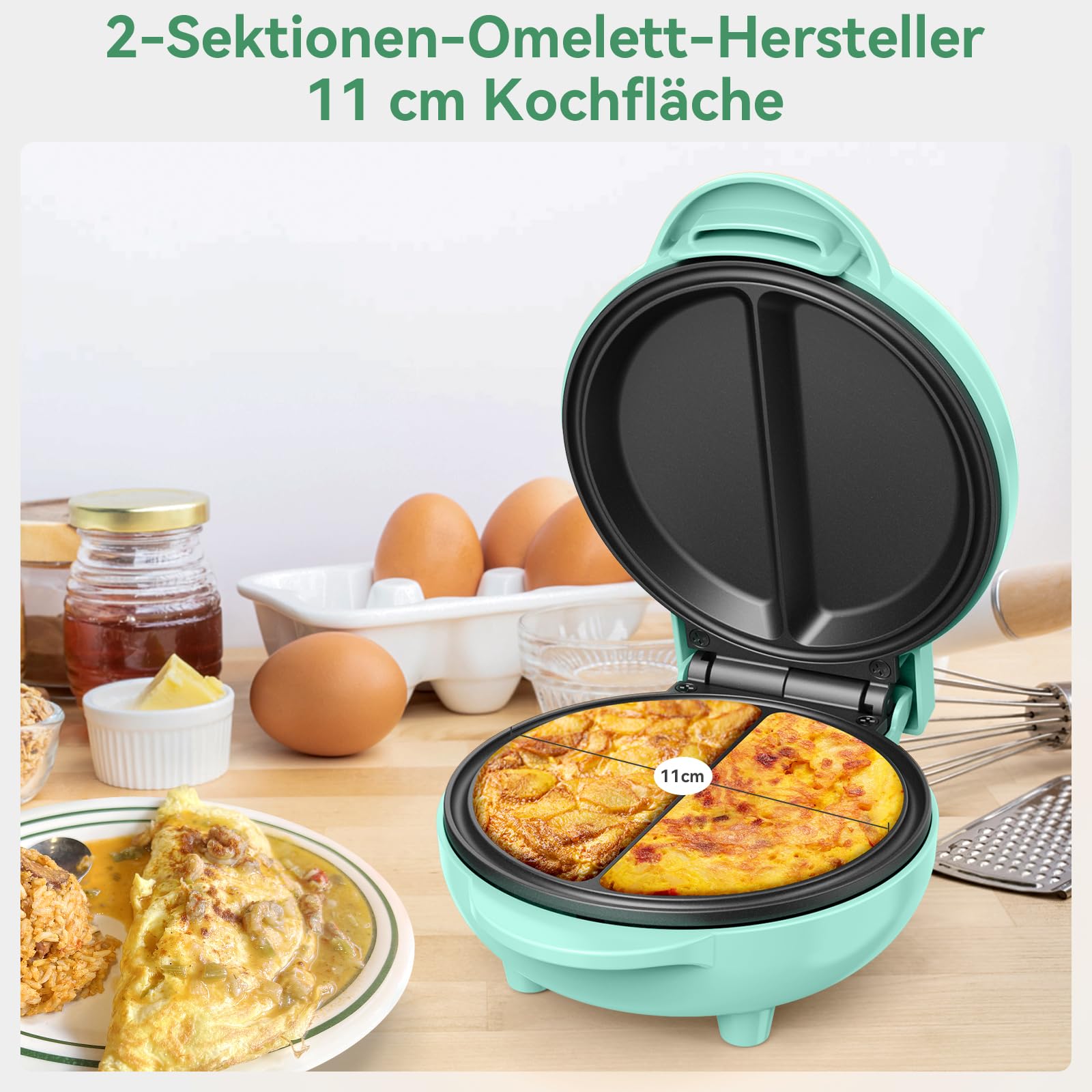 JK-109C, 550-W-Elektro-Multikocher, Mini-Omelettzubereiter, antihaftbeschichtet, leicht zu reinigen, kompaktes Design, Aluminium, 550 W, 200 Milliliter, GRÜN