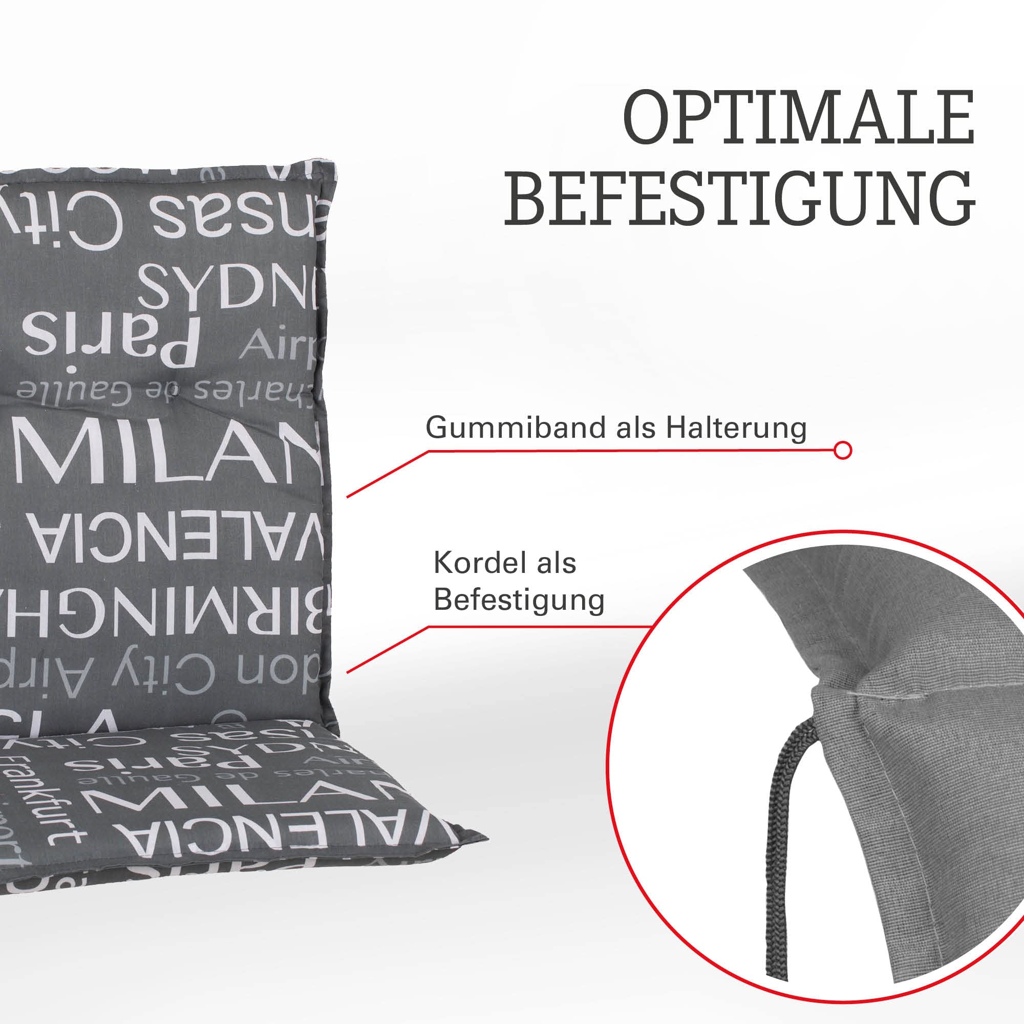 Beo Niedriglehner Auflagen 4er Set Barcelona | Made in EU nach Öko-Tex Standard | Waschbare Stuhlauflage Niedriglehner mit Halteband | Atmungsaktive Auflagen Niedriglehner mit Städtenamen in Grau