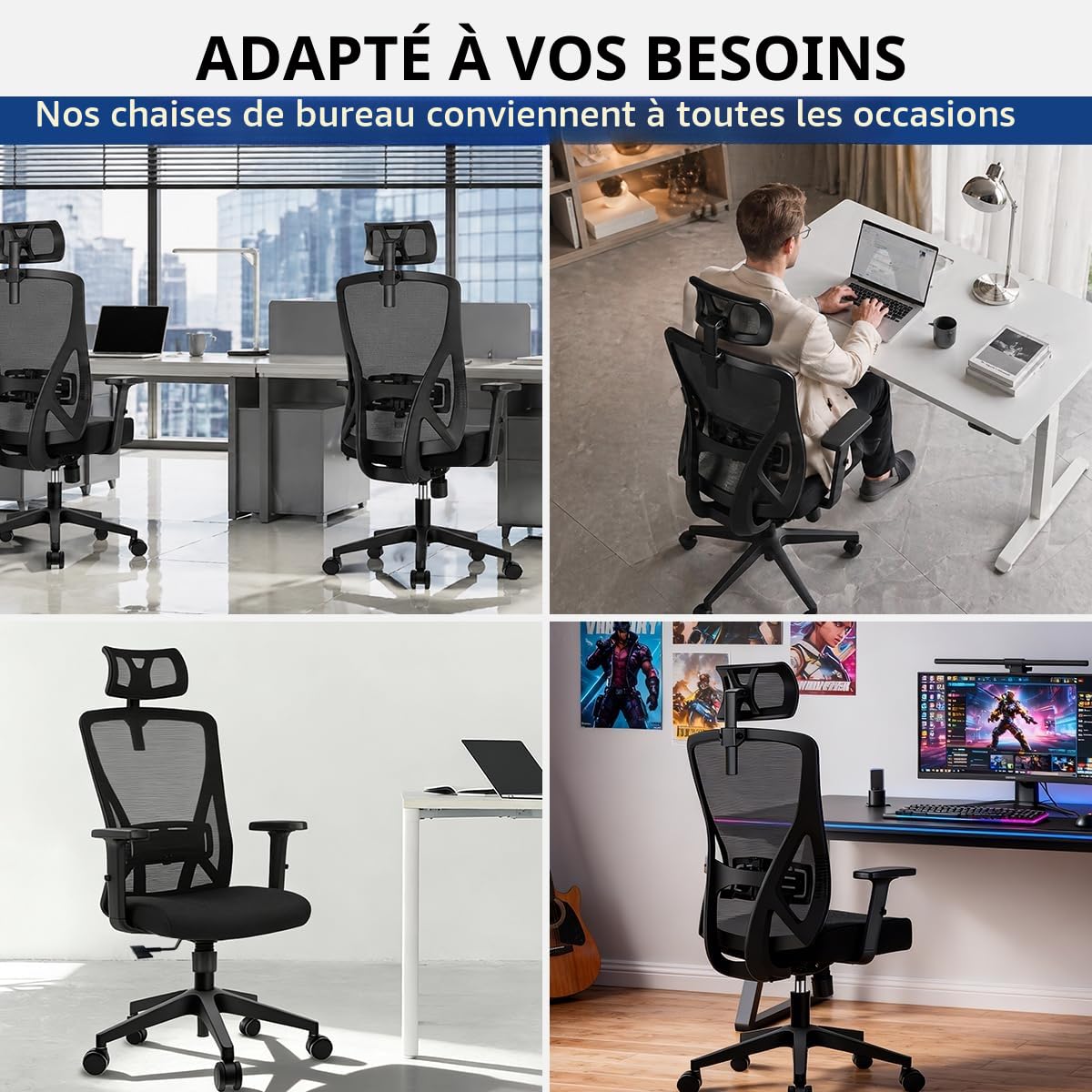 Durrafy Chaise de Bureau Ergonomique, Appui-Tête & Support Lombaire Réglables, Accoudoirs Rabattables, Maille Respirante, 130° Inclinaison（Ne Peut Pas être verrouillé）, 150kg Charge. (Noir)
