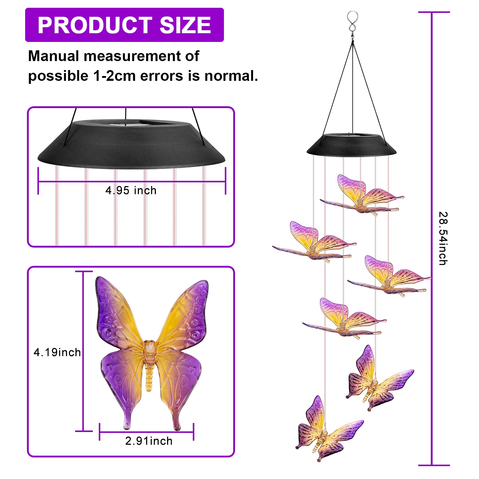 Ninonly Solar Wind Chimes Outdoor LED Butterfly Solar Powered Garden Light Color Changing Waterproof Hanging Light Decorations for Patio Yard Garden Home,Ideal Gift for Mom/Grandma - 4