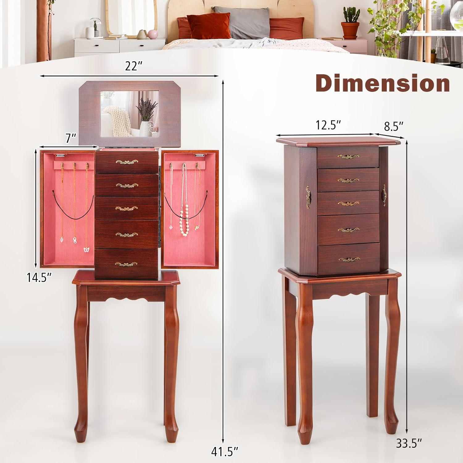 GOFLAME Standing Jewelry Armoire, Jewelry Storage Cabinet with Flip Top Makeup Mirror & 4 Drawers, Freestanding Jewelry Box Organizer with 2 Side Swing Doors & 6 Necklace Hooks, Walnut