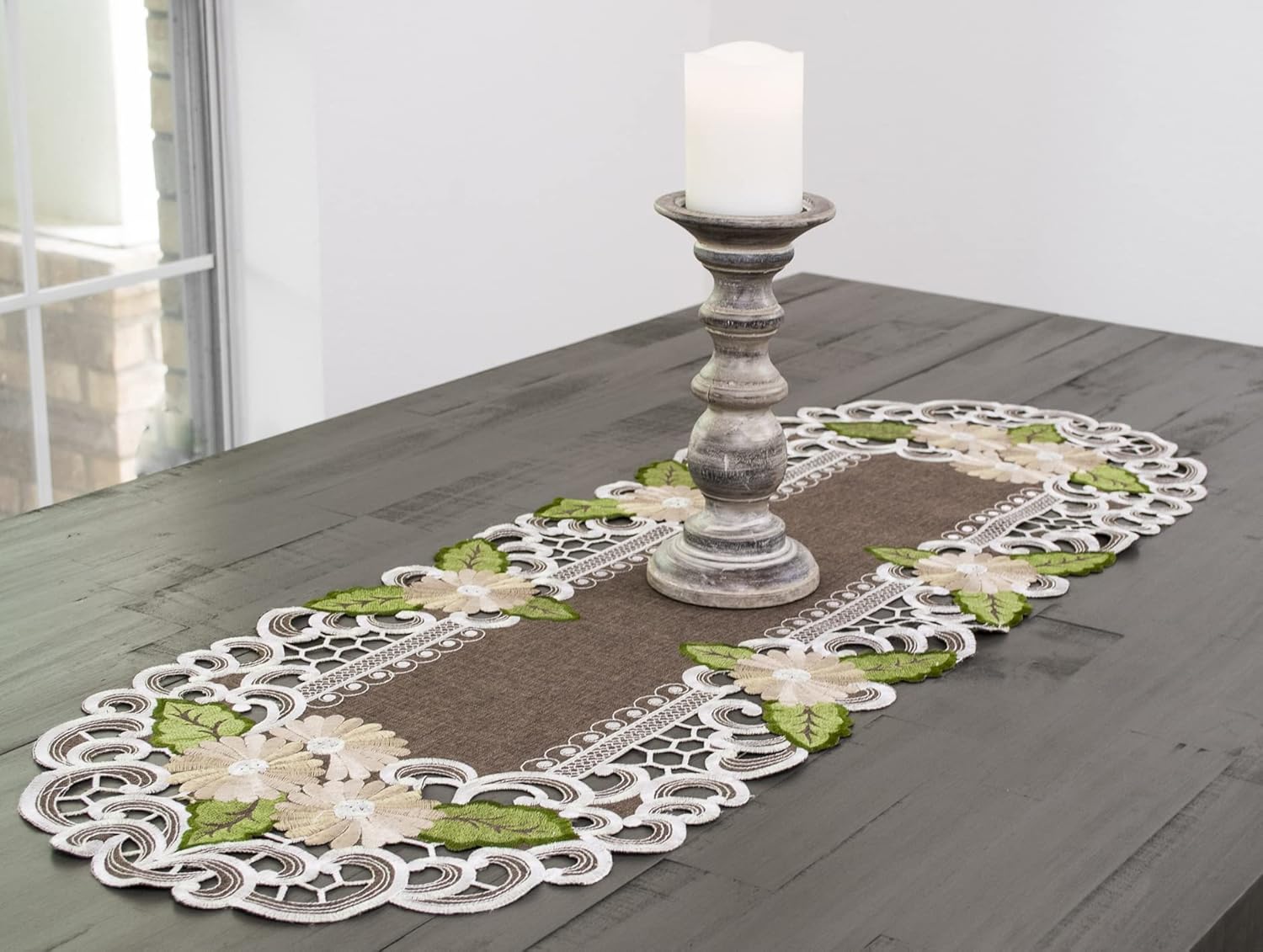 LINENS ART AND THINGS Embroidered Table Runner Gold Daisy Flowers with Green Leaves on Brown Dresser Scarf Floral Doily (14Wx44L)