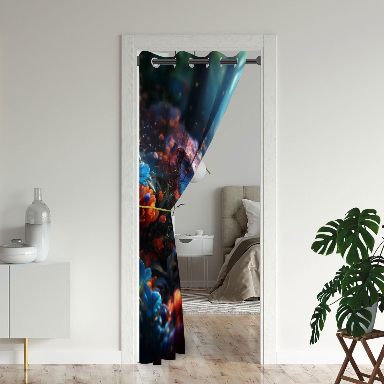 Butterfly Door Curtains for Doorways, Flower Enchanted Colorful Magic Fantasy Blackout Curtain for Kids Bedroom Closet, Grommet Thermal Insulated Privacy Door Drapes for Room Divider, 52