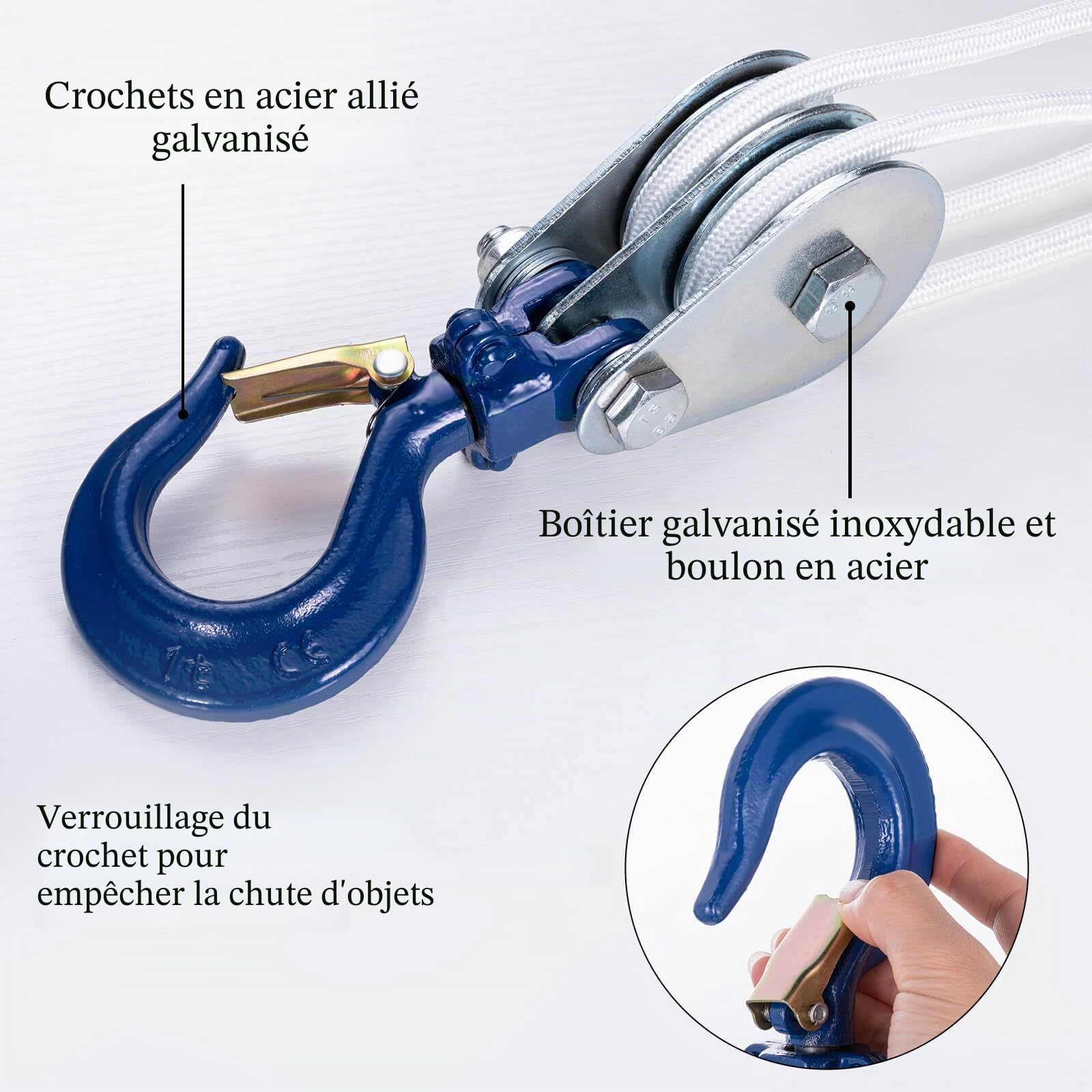 Poulie double 1 ton avec roulement à billes et crochet, poulie de renvoi pour cordes de 10 mm, pour accessoires forestiers, treuil 1 pièce