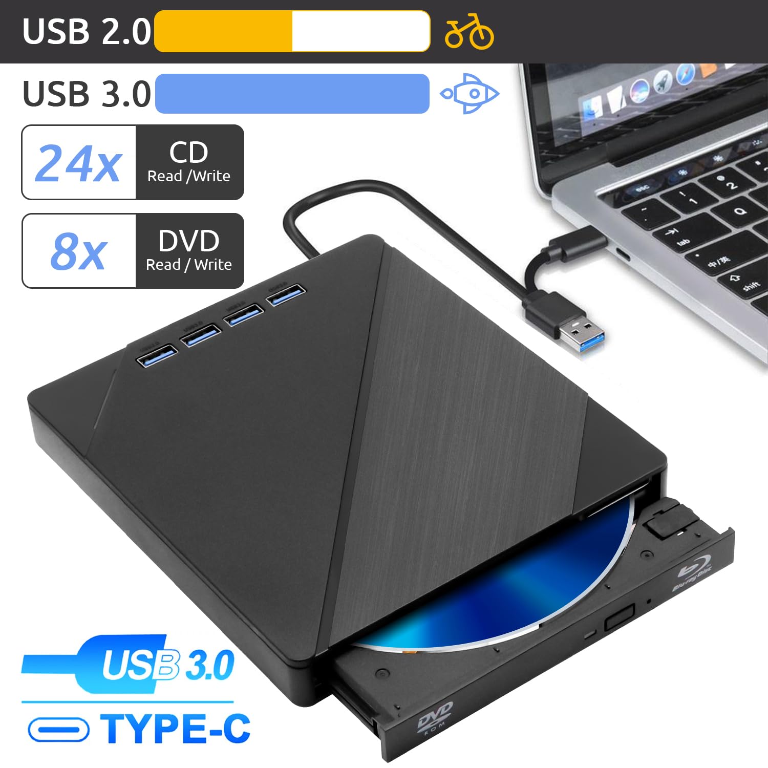 Custom Catch Lecteur Optique Blu - Ray Externe 7 en 1 Lecteur DVD/BD/CD, Lecteur Optique Blu - Ray usb3.0 Type - c3d, pour Windows XP / 7/8 / 10/11
