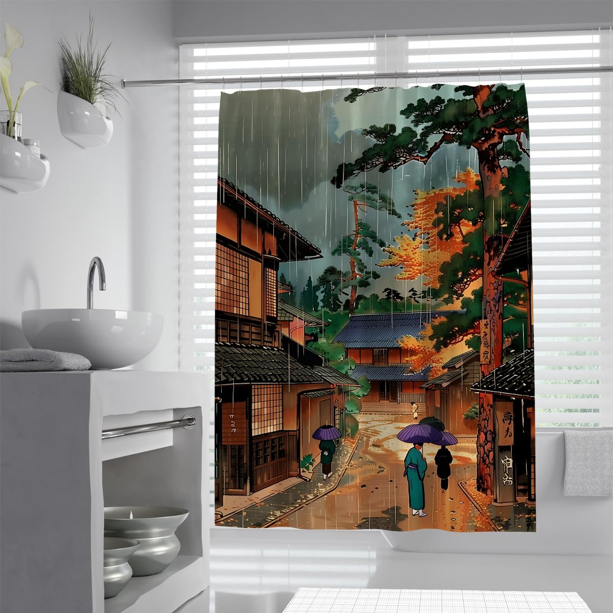 UERWOWELL Classic Japan Art Shin Hanga Style Shower Curtains Ancient Town Rainy Street Walkway View Bath Curtain Polyester Fabric Bathroom Curtains W180xL200 cm