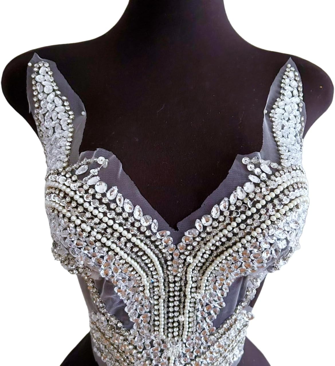 3D Hand Sewing Beaded Appliques Sew on Rhinestones Patches with Shoulder Straps,Wedding Evening Prom Dress Front Body Decorations Design DIY