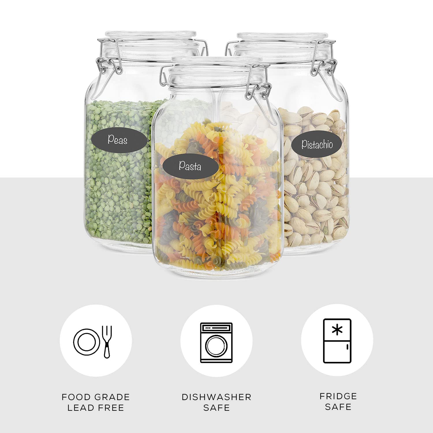 Set di 3 barattoli ermetici in vetro con coperchio, 1,5 l, con coperchio e 6 guarnizioni in silicone, contenitori per alimenti in vetro Med, barattolo quadrato, barattolo per farina, caramelle o