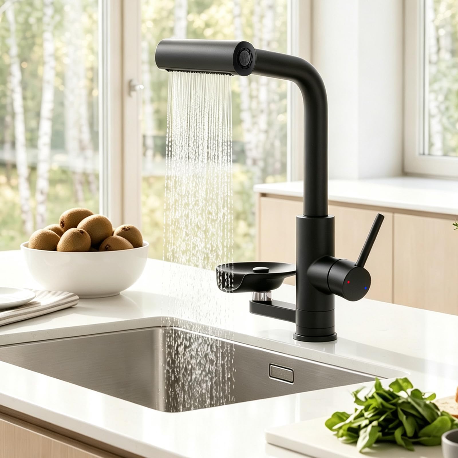 HANLIAN Schwarz Wasserfall Wasserhahn Küche Ausziehbar mit Glasspüler
