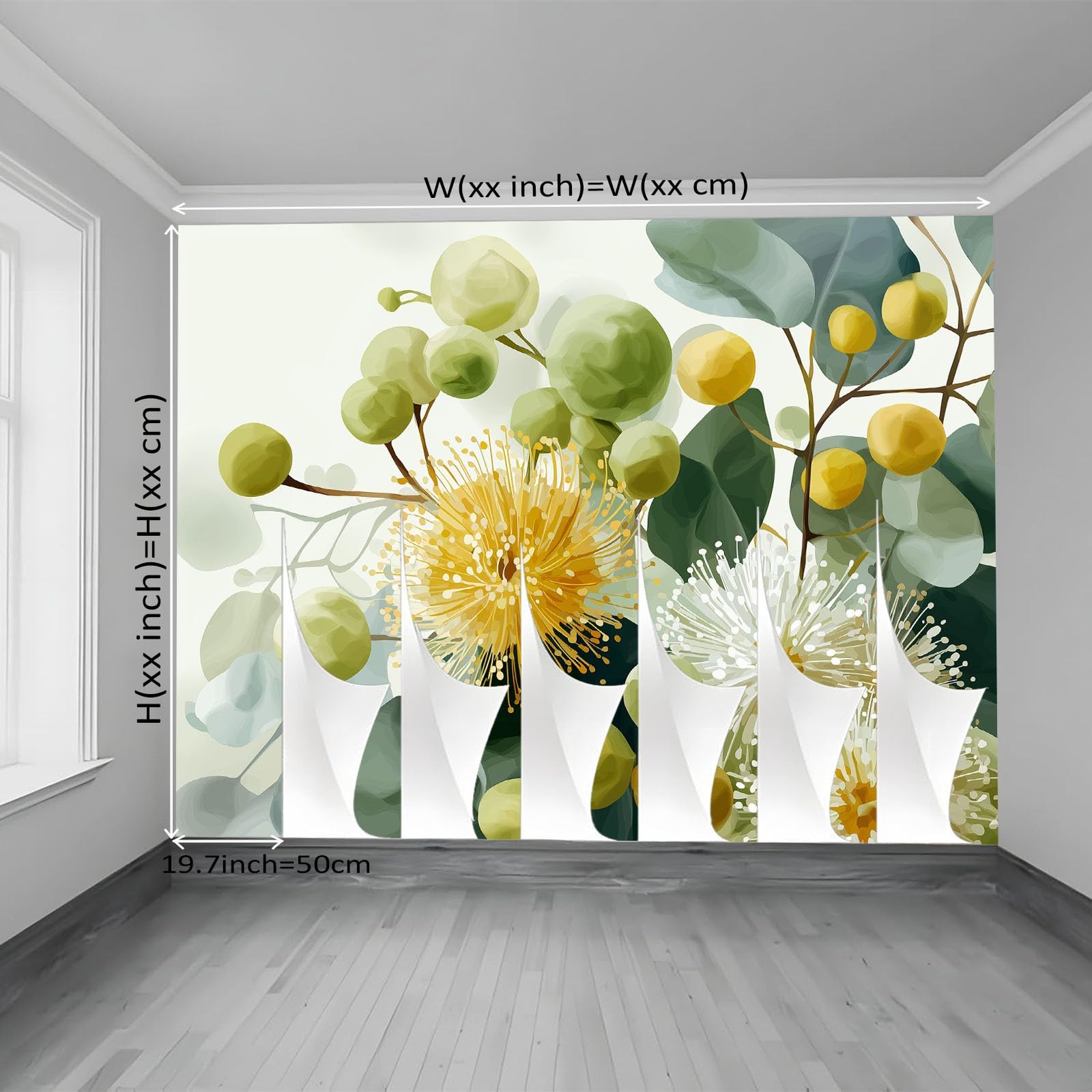 Tapeta z motywem 250 x 175 cm, kwiaty i eukaliptus, wesoła tapeta z motywem do pokoju dziecięcego i kącika do majsterkowania, żółto-zielona