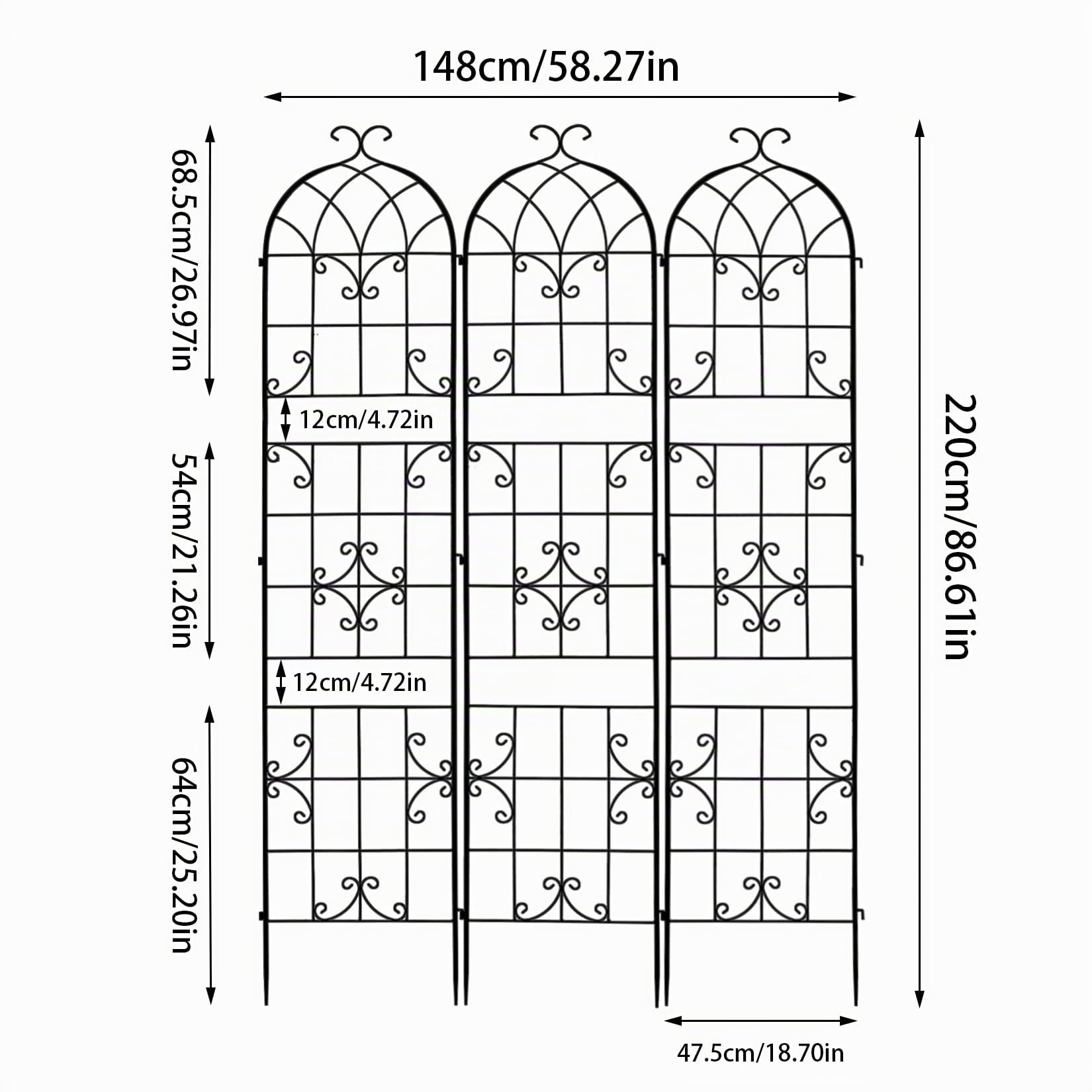 Treillis Plante Grimpante Extérieur en Métal: h220x148lcm Lot de 3 Support Rosier Grimpant Jardin Treillage Fleur en Fer Forge Décoratif
