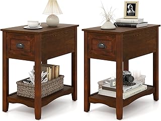 Giantex End Table with Drawer Set of 2, Retro Narrow Side Table, Nightstand with Solid Wood & Storage Shelf, Bedside Table for Living Room Bedroom Small Space Home Office (2, Walnut)