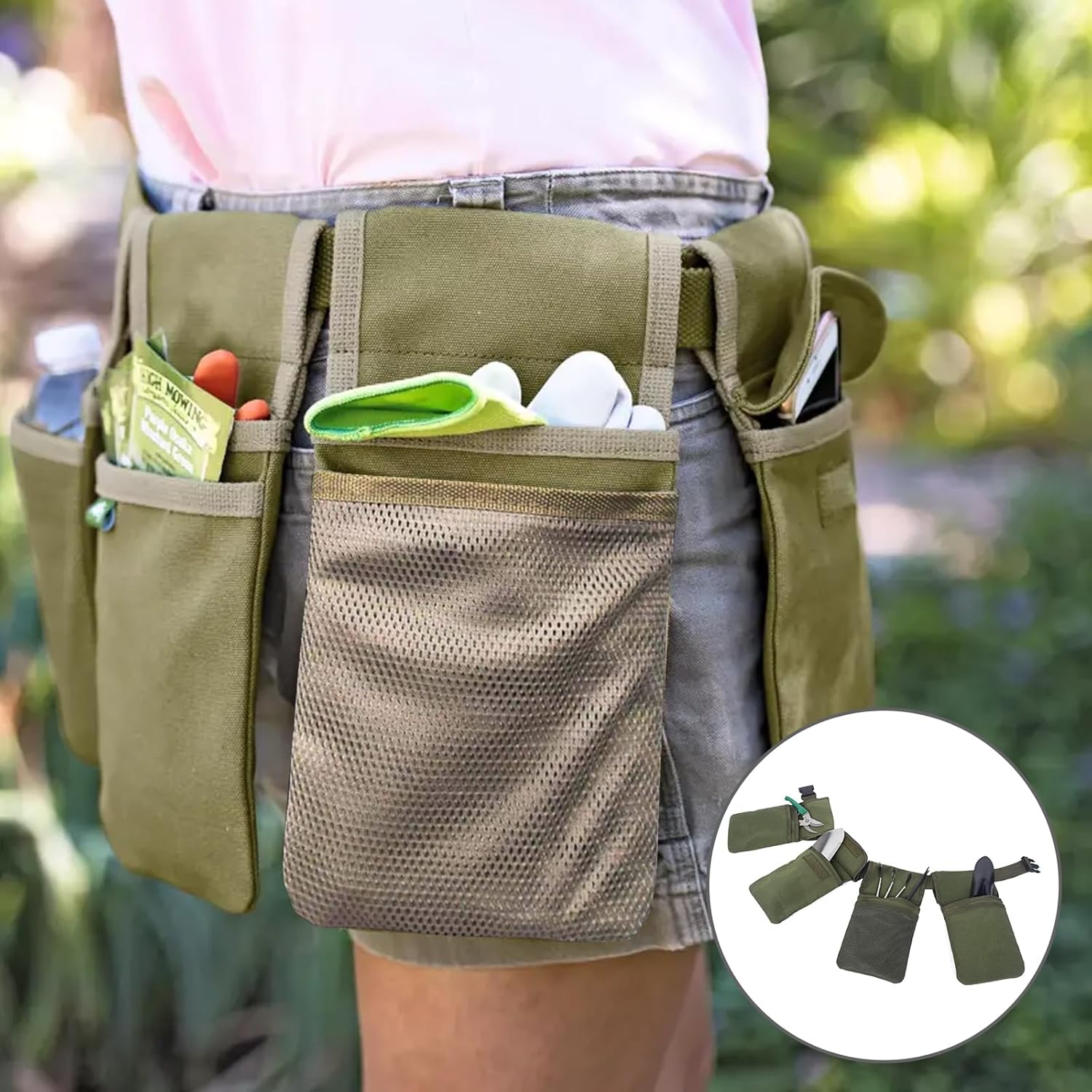 Gardening Tool Belt Bag - Canvas Waist Tool Apron Organizer Hanging Pouch with 4 Pockets for Gardeners Picking Fruit Weeding, Fits Women & Men, Waterproof, 1 Pcs