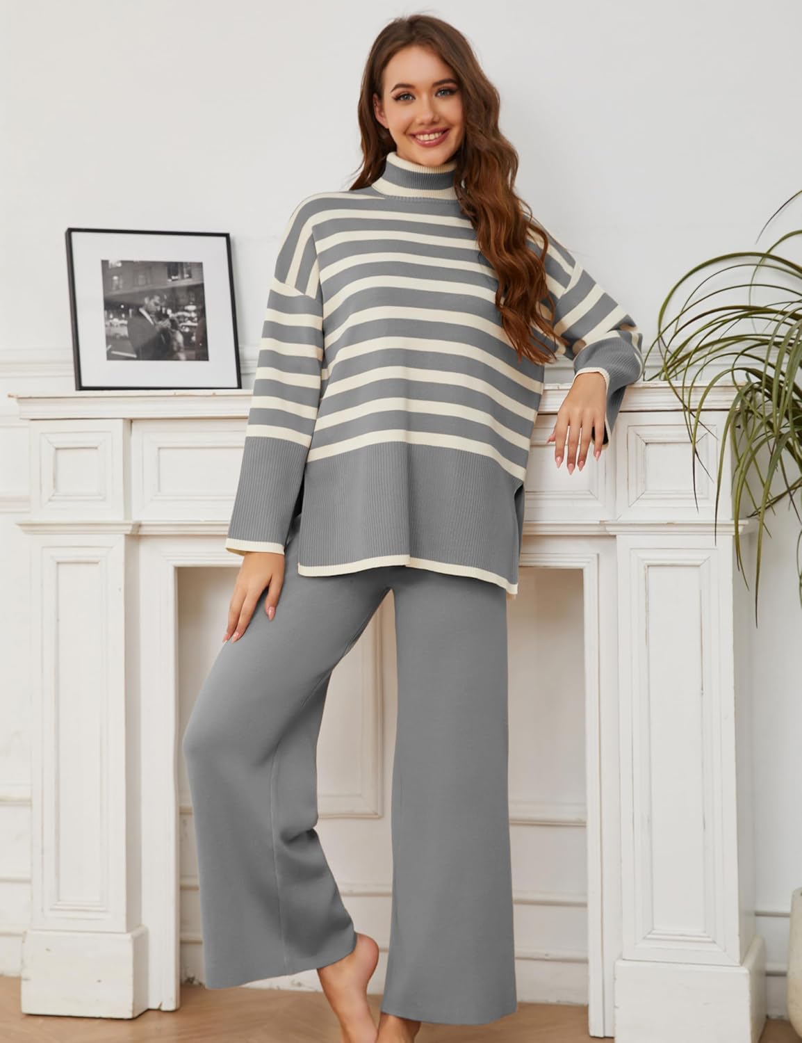 Tanming Women's Sweater Sets Long Sleeve Striped Jumper Tops Casual Knit Wide Leg Pants Sets - Image 5