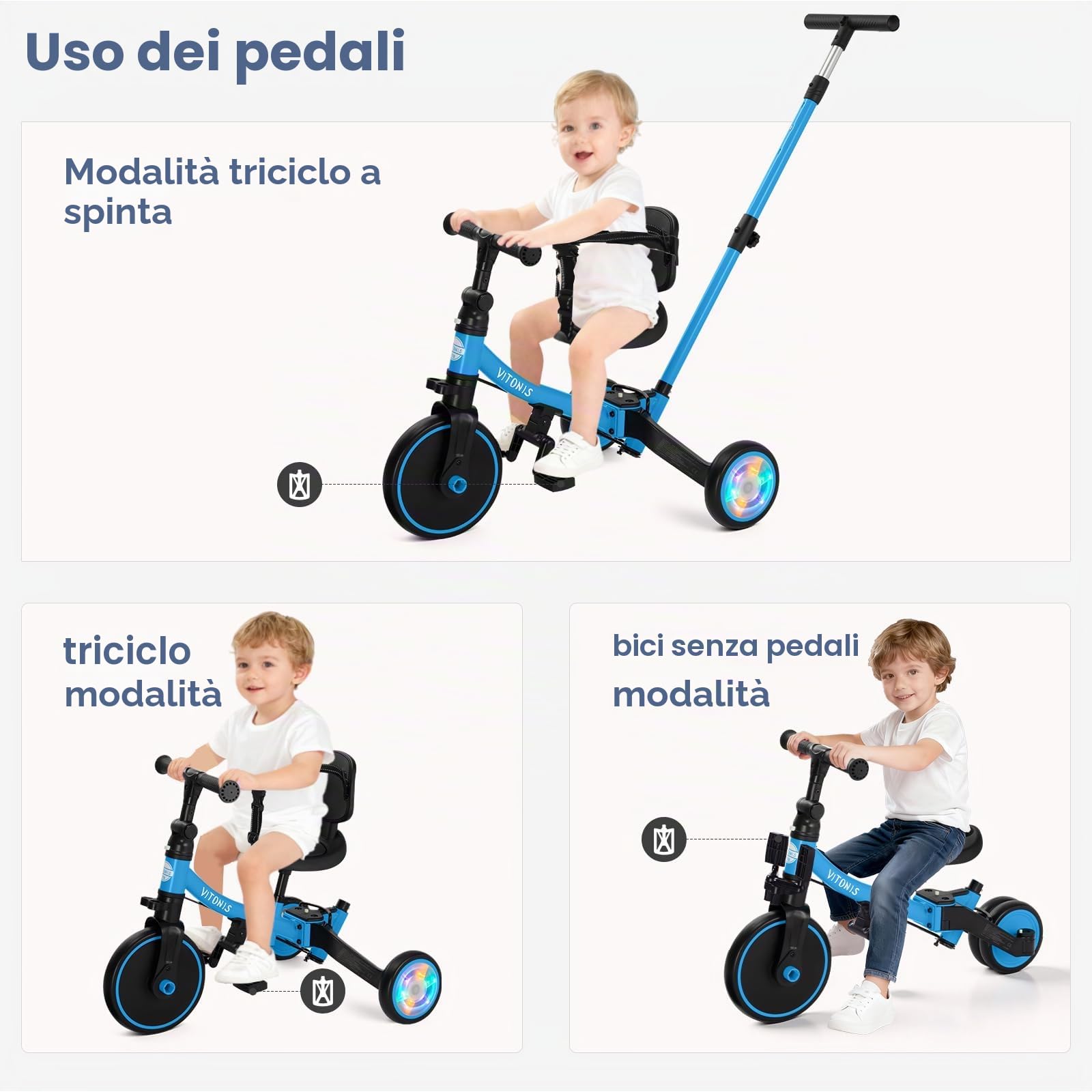 VITONIS Triciclo 5 in 1 per bambini dai 18 mesi ai 3 anni, con ruote lampeggianti, maniglione di spinta, schienale e cintura di sicurezza, regalo per bambini e bambine, bicicletta senza pedali, blu