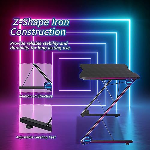 Miniatura 8 de MEDIMALL Escritorio profesional para juegos con LED, escritorio de computadora estilo carreras de 43.5 pulgadas con marco de metal en forma de Z y
