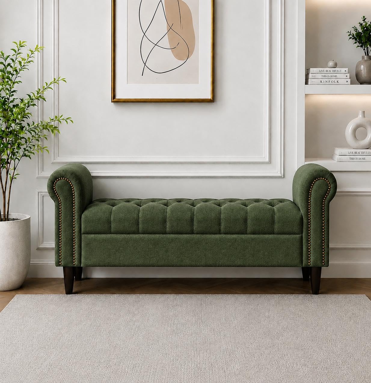 Teak Wood Upholstered Storage Bench with Armrest Bench Ottoman Pouffe Puffy Settee 2 Seater Sofa Footstool for Livingroom Bedroom Office Hotel (Green)-image-19