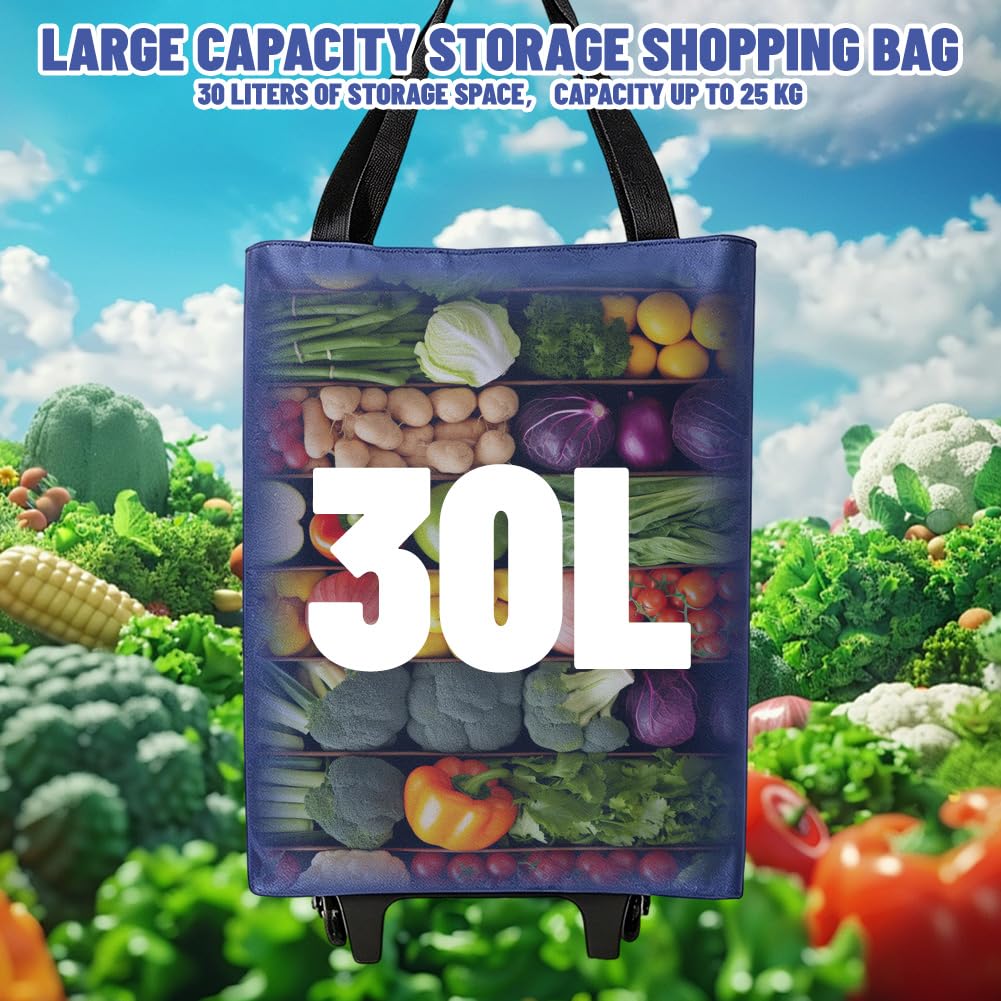 Einkaufstrolley Klappbar 30L, 2-in-1 Einkaufswagen Modern mit Tasche, Leichter Shopping Trolley bis 25kg für Camping, Reisen, Supermarkt (Blau)