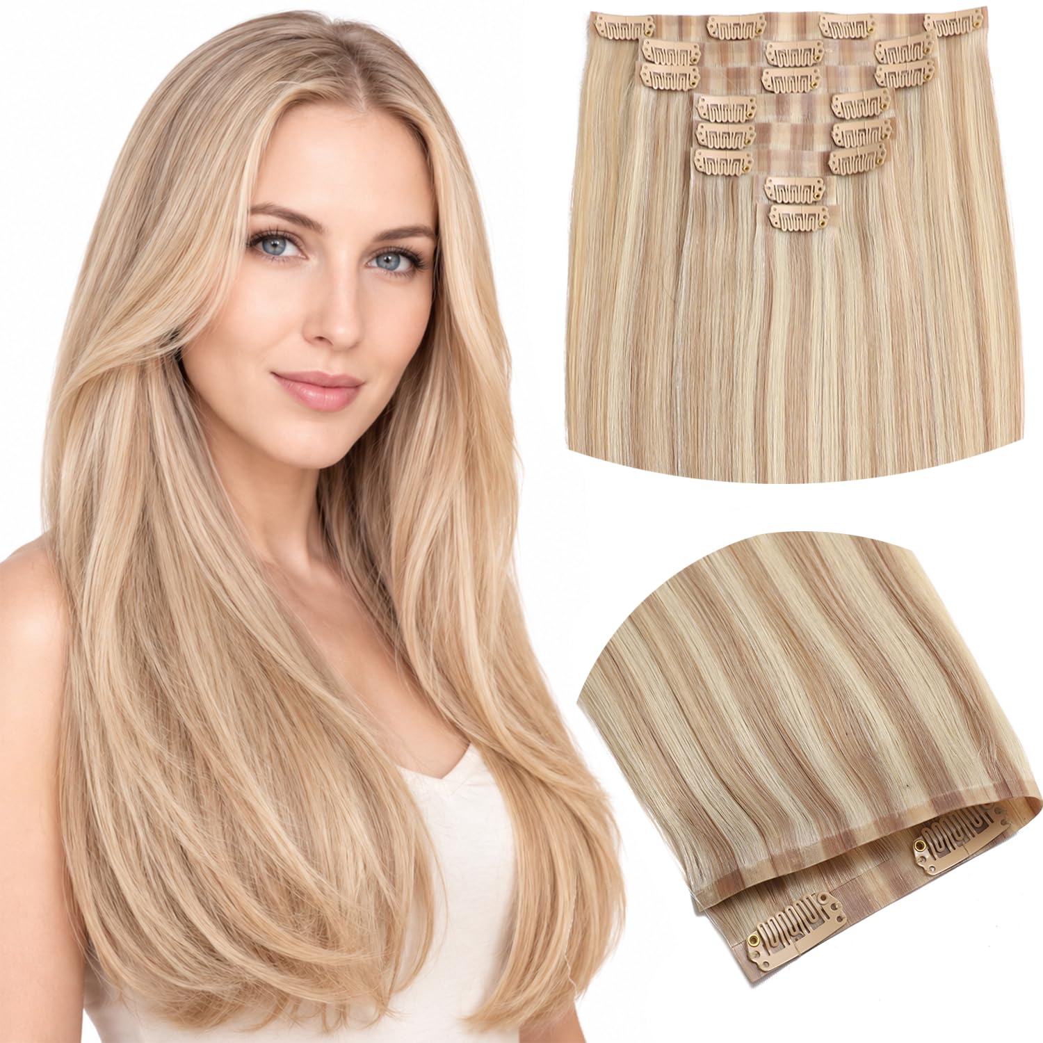 PU Clip in Hair Extensions Real Virgin Human Hair, Seamless PU Skin Weft Invisible Clip ins, Remy Hair Extensions for Women, 18 Inch 120g 8Pcs, #P10/613