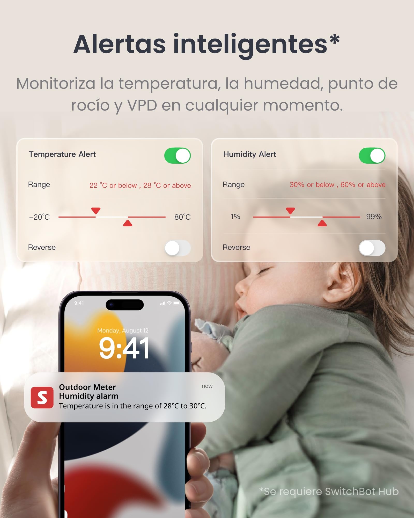 SwitchBot Termómetro Higrómetro WiFi 3-Pack c/Hub Mini Matter, IP65 Impermeable, Sensor Temp./Humedad Interior Exterior, Notificaciones App, Almacenamiento Datos Gratis, compatible Alexa