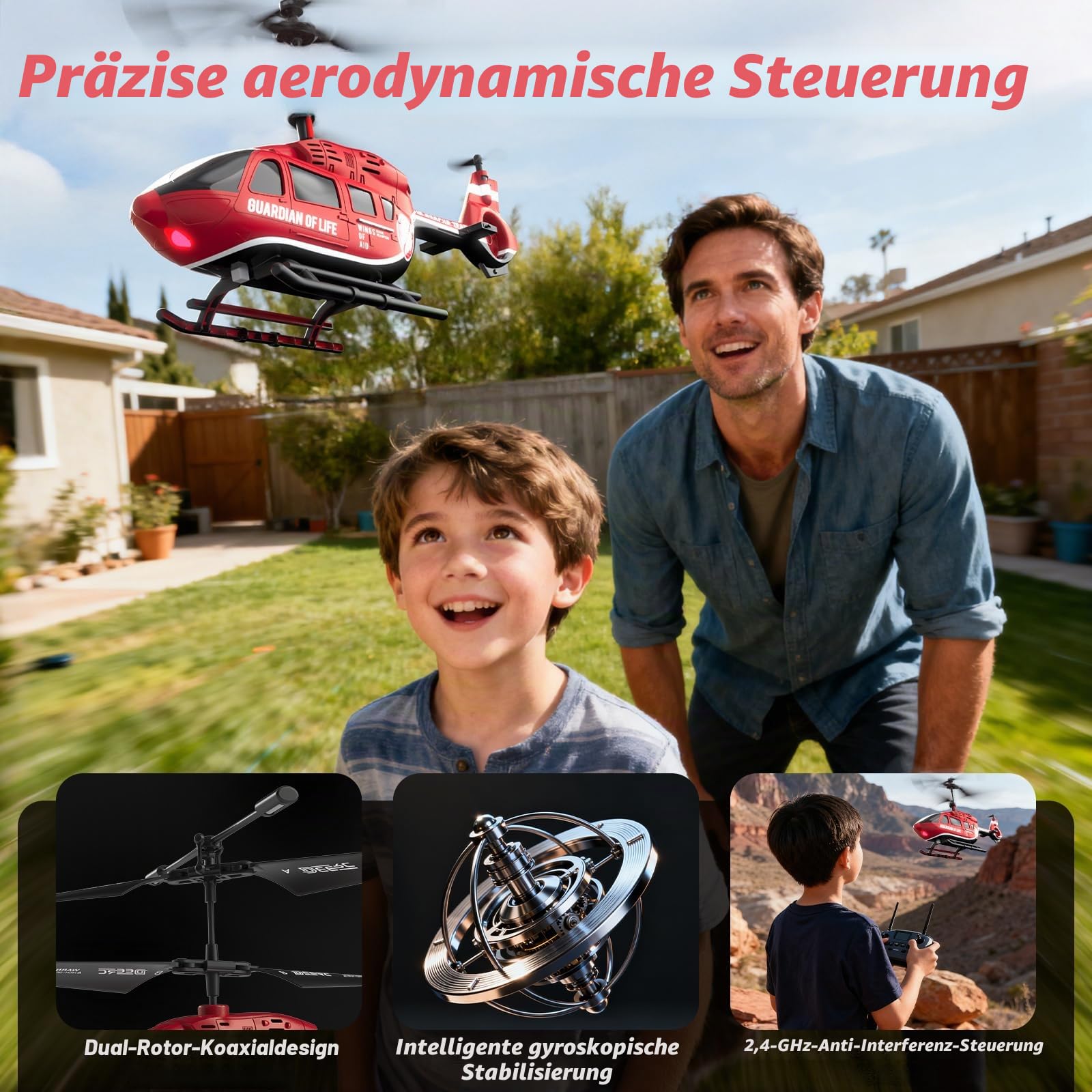 DEERC Hubschrauber mit Fernbedienung, RC militärische Rettung mit LED-Lichtern, 2 wiederaufladbare Batterien, Höhenhaltung, stabile Steuerung 2,4 GHz, Spielzeug mit Fernbedienung, ideal für Kinder und