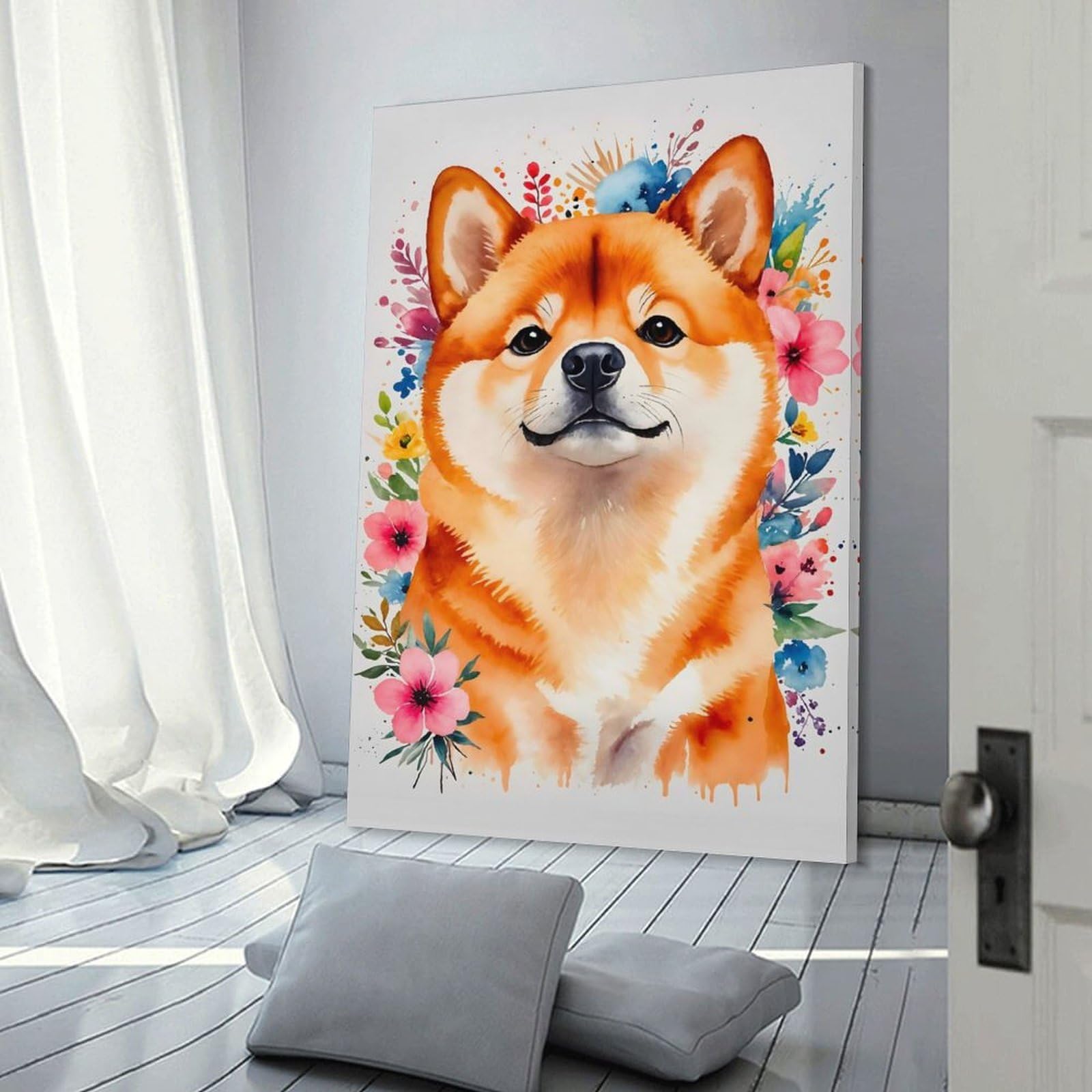 Junmoney Frame-Style-3 Canvas Wall Art Shiba Inu Watercolor, 20X30inch(50X75cm), For Lounge Decor, Bedroom Walls Or Flats, Eye Catching Artwork For Blank Walls