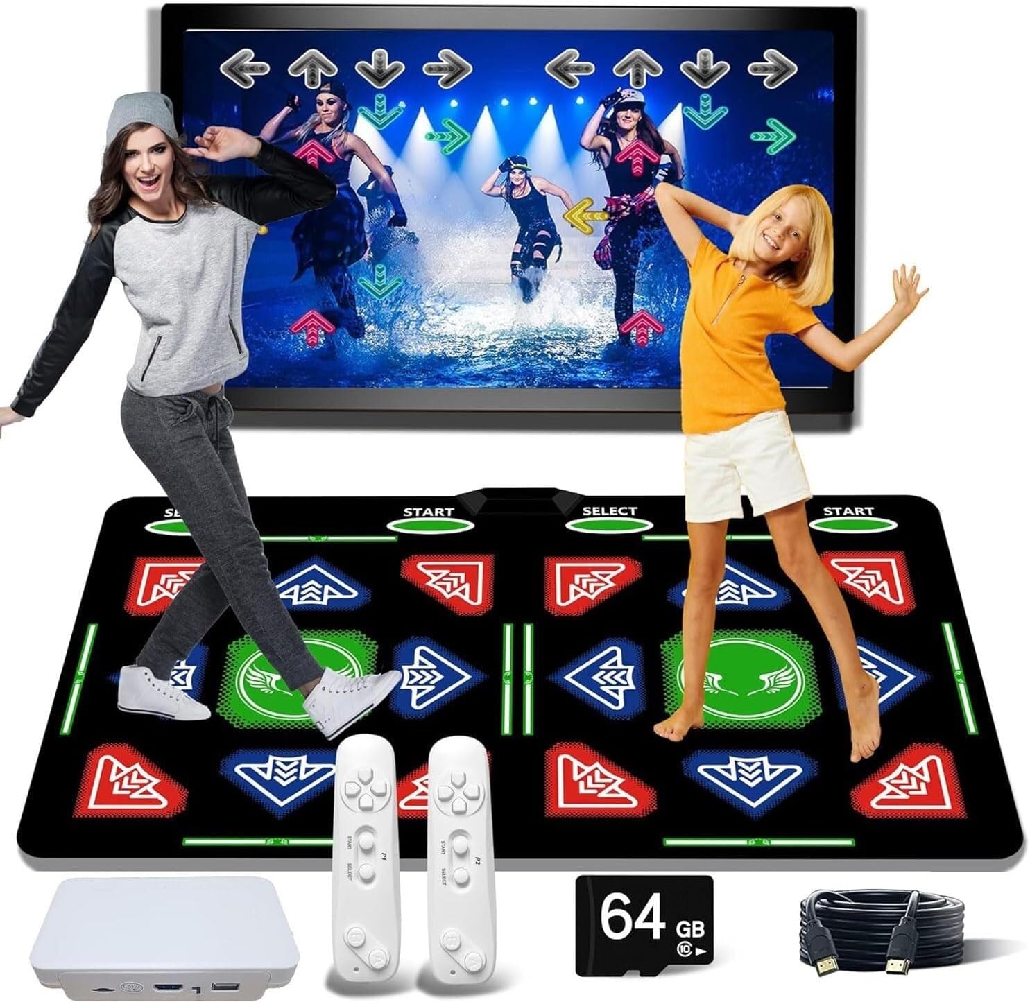 Double Dance Mat, Portable Wireless HDMI Somatosensory Game Mat, Yoga, Running, Aerobics Fitness Blanket, with 2 Controllers, 64G Memory Card Luxury Gift for Boy, Girl