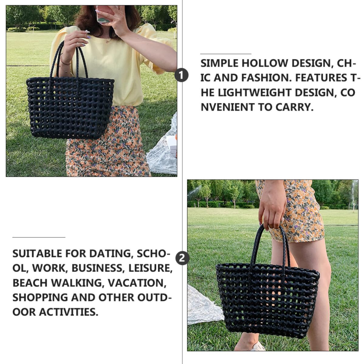 MAGICLULU Bolsa Tejida de Paja Negra para Mujer Diseño Hueco, Gran Capacidad y Cómoda para Ocio y Citas, Estilo Chic y Sencillo