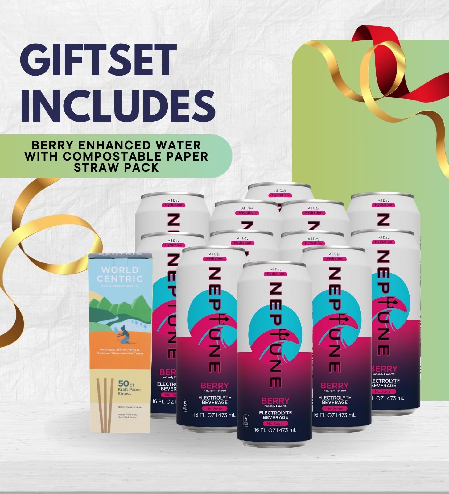 12x Enhanced Berry Water 16 fl oz Bundle with 50pc Paper Straws — Refreshing Flavored Hydration Drink for Daily Use and On-the-Go Convenience — Gift Set (13 Items)
