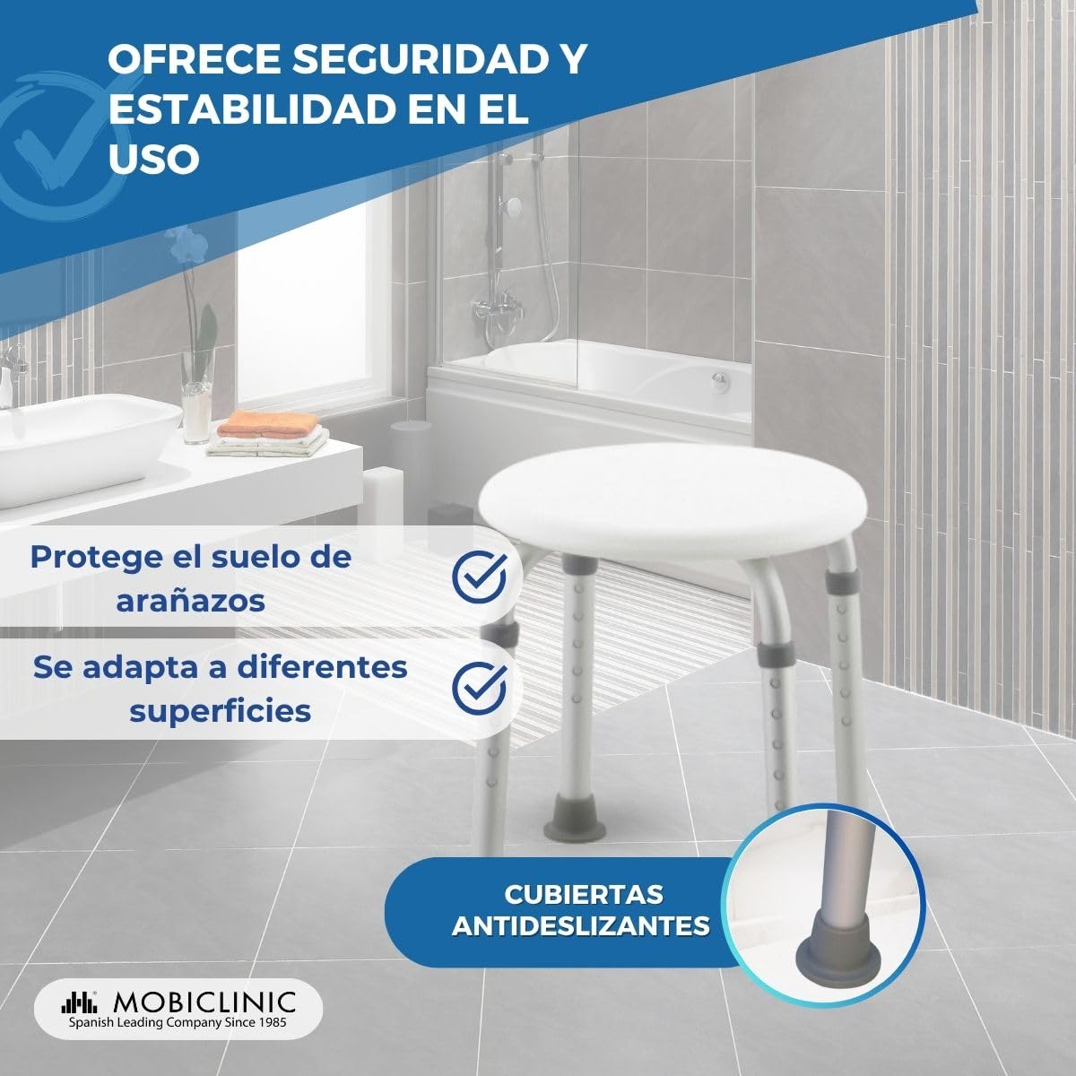 Mobiclinic®, Taburete baño, Conteras Antideslizantes, Asiento Confortable, Banqueta de Ducha, hasta 100 kg, Ligera y Resistente, Aluminio (Cloruro de polivinilo (PVC))