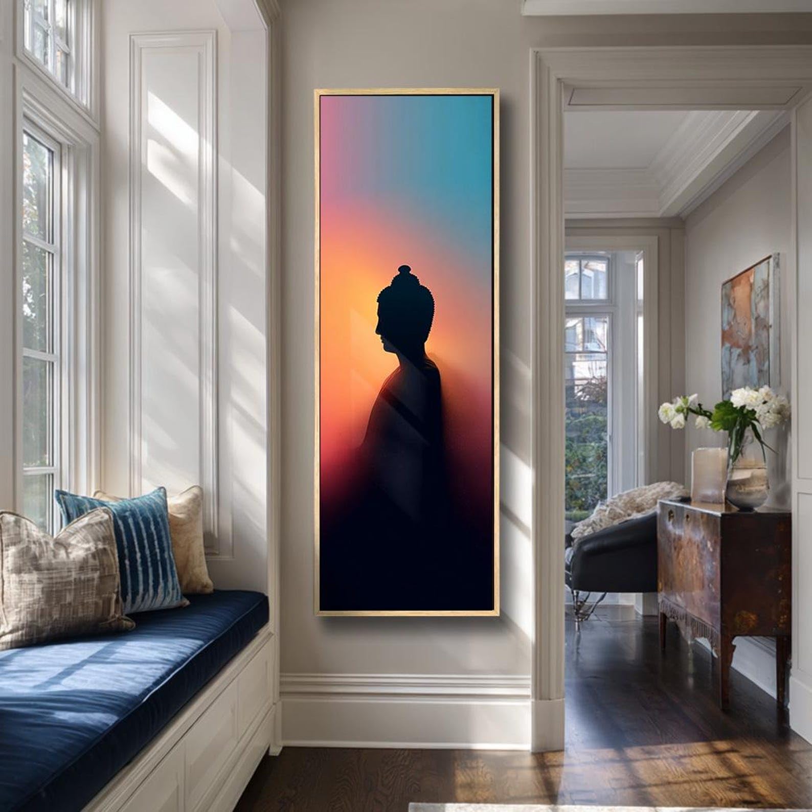 XINBAO Cuadro decorativo de lienzo para estudio de yoga estrecho, arte de meditación alto, decoración de pared zen, declaración espiritual delgada, Buda vertical (70x210cm/marco interior)
