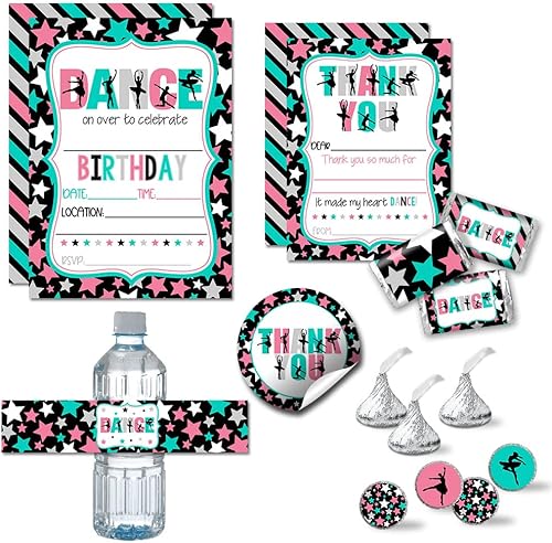 El paquete de fiesta de cumpleaños temática de baile de lujo incluye 20 tarjetas de invitaciones y agradecimiento con sobres + 2 tamaños diferentes