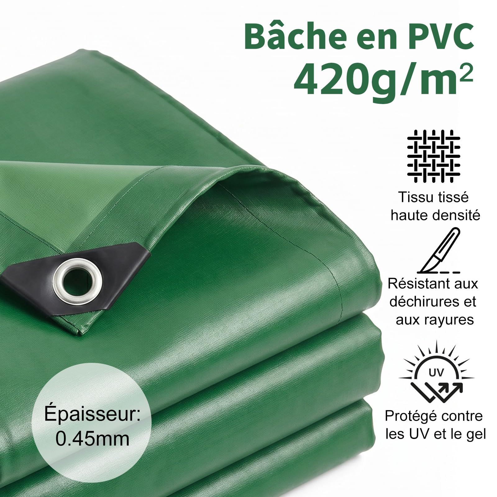 ele ELEOPTION 420g/m² Bâche PVC Lourde Vert, Toile Imperméable Résistante à la Déchirure, Résiste au Gel & Intempéries avec Œillets Renforcés, pour Jardin, Toit, Remorque, Bateau & Cure Béton(2 * 3m)