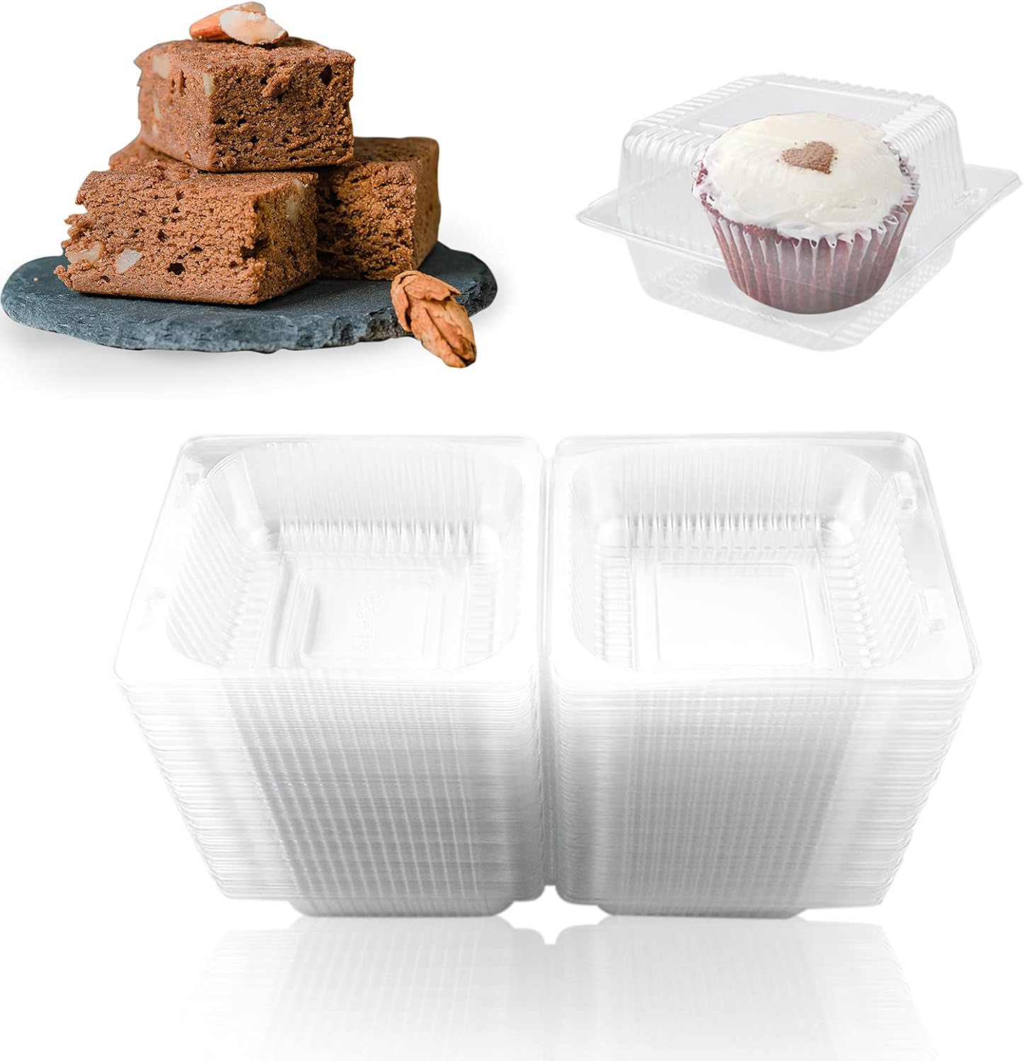 TKOnline 100 Pcs Clear Plastic Square Food Containers, Disposable Clamshell Cupcake Cups Holders for Sandwiches, Fruit, bread Preseration(5.4" x 4.7" x 2.8")