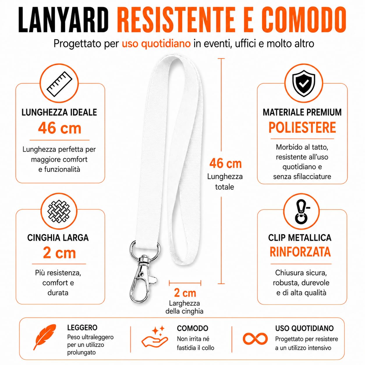 Set 100 Lanyard Bianchi + 100 Porta Badge Verticali 9 x 12 cm | Poliestere 2 cm x 46 cm, gancio metallico 4 cm, PVC trasparente, apertura superiore, lettura RFID e QR senza estrarre la tess