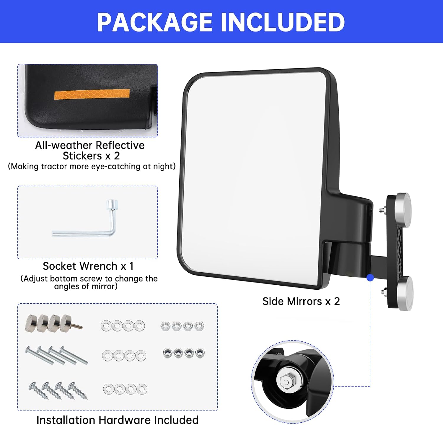 Universal Magnetic Side Mirrors for Golf Cart, Tractors, Forklifts, Lawn Mowers, Lift Trucks, Compatible with Yamaha Club Car, EZGO, John Deere, Kubota, CASE IH,Magnets or Screws Installation