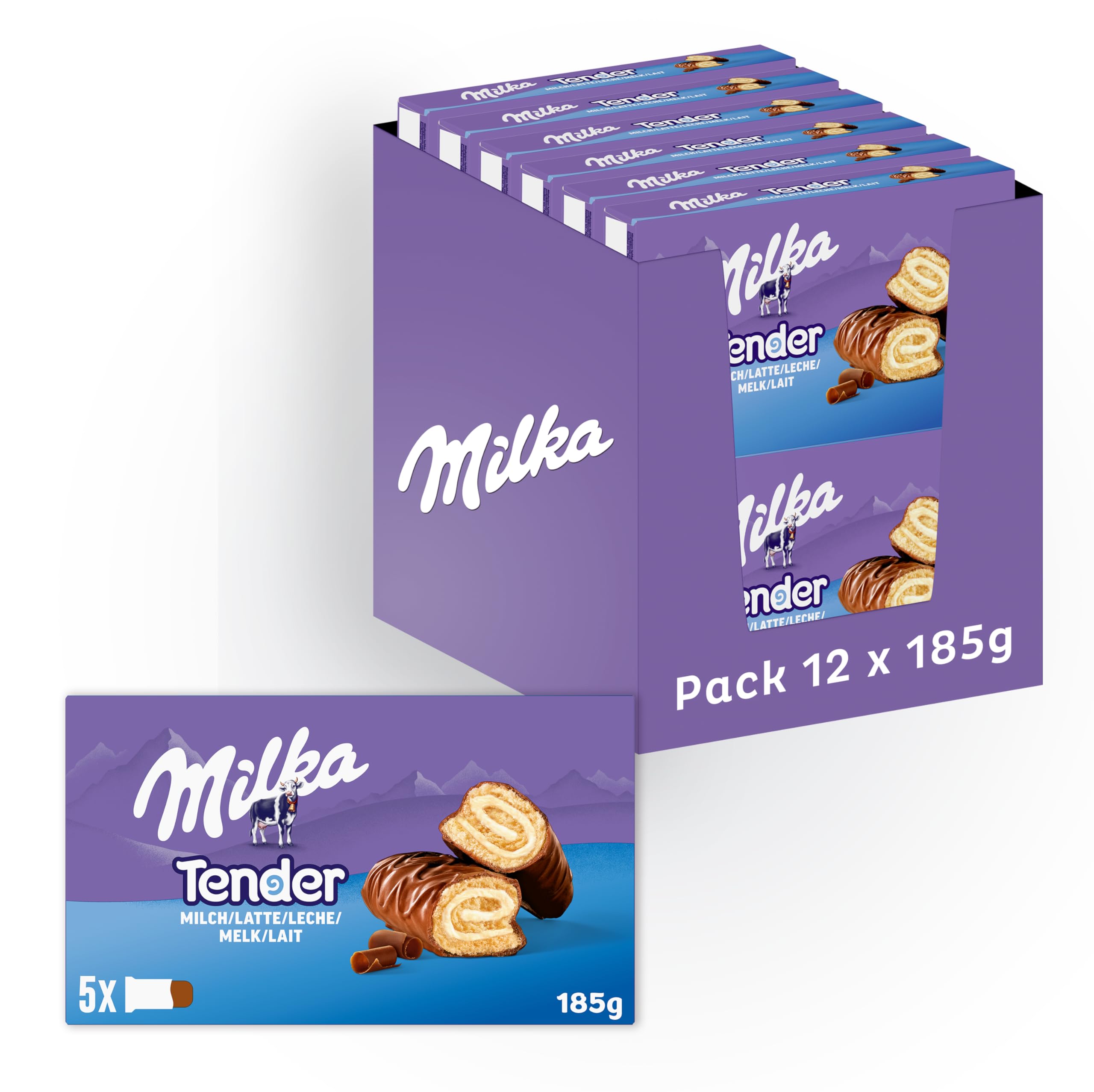 Milka Tender Milch - Biskuit-Rolle mit Milchcrèmefüllung und Vollmilchschokolade - 5er-Pack - 8 x 185g