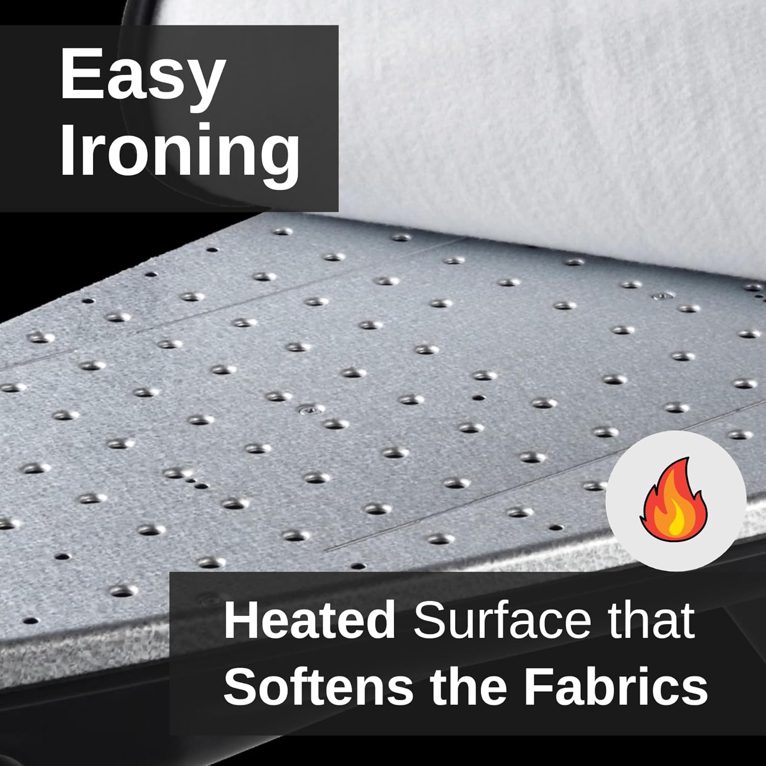 Close-up of the heated surface of the Foxydry Vivo Ironing Board with a heat icon