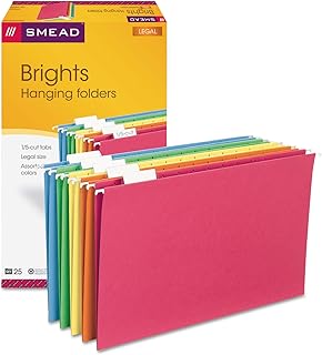 Smead Hanging File Folder with Tab, 1/5-Cut Adjustable, Legal Size, Assorted Primary Colors, 25 per Box (64159) (Pack of 1)